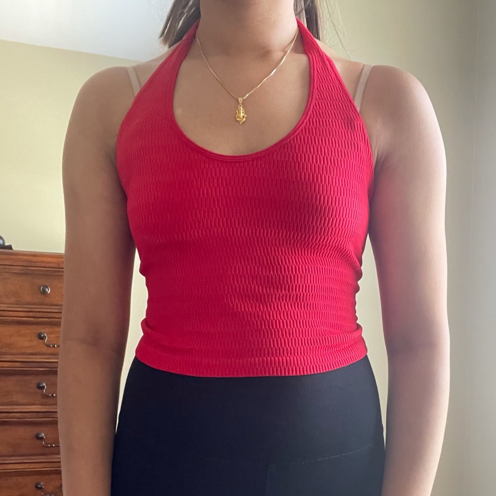 red stretchy crop halter top